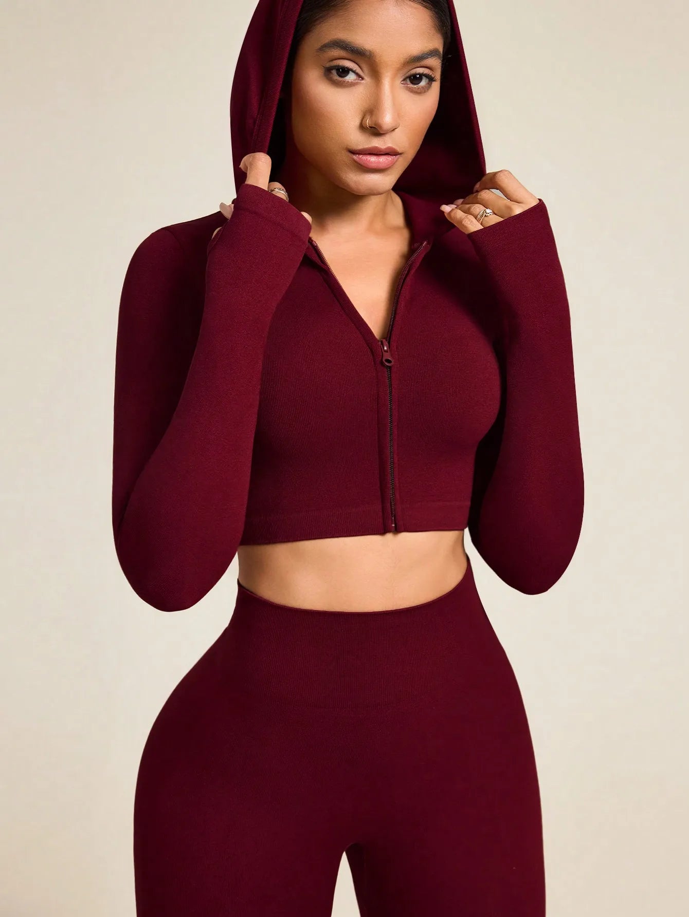 None Women's Seamless Zip Up Hoodie and Leggings Set