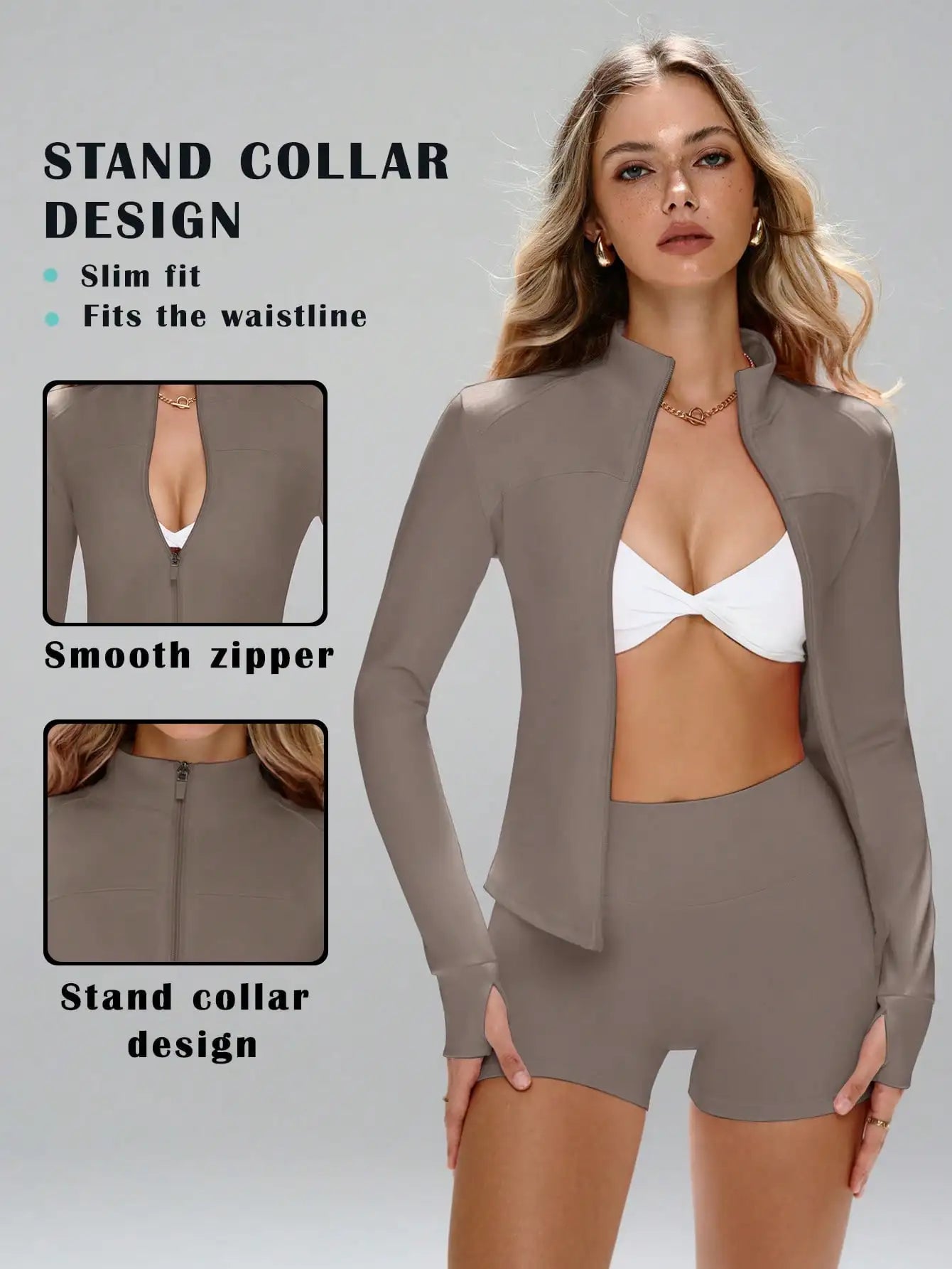 None Women's Slim Fit Sports Set Stand Collar Zipper