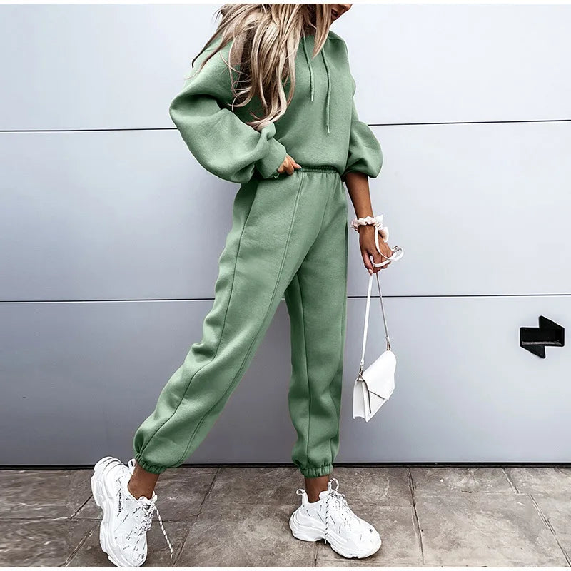 None Womens Knit Thermal Hoodies Tracksuit Set for Sport
