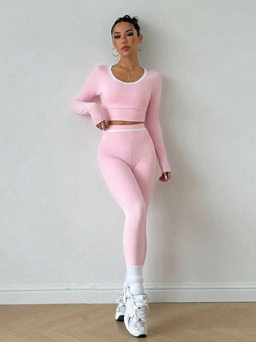 None Yoga Set High Waist Long Sleeve Crop Top Leggings