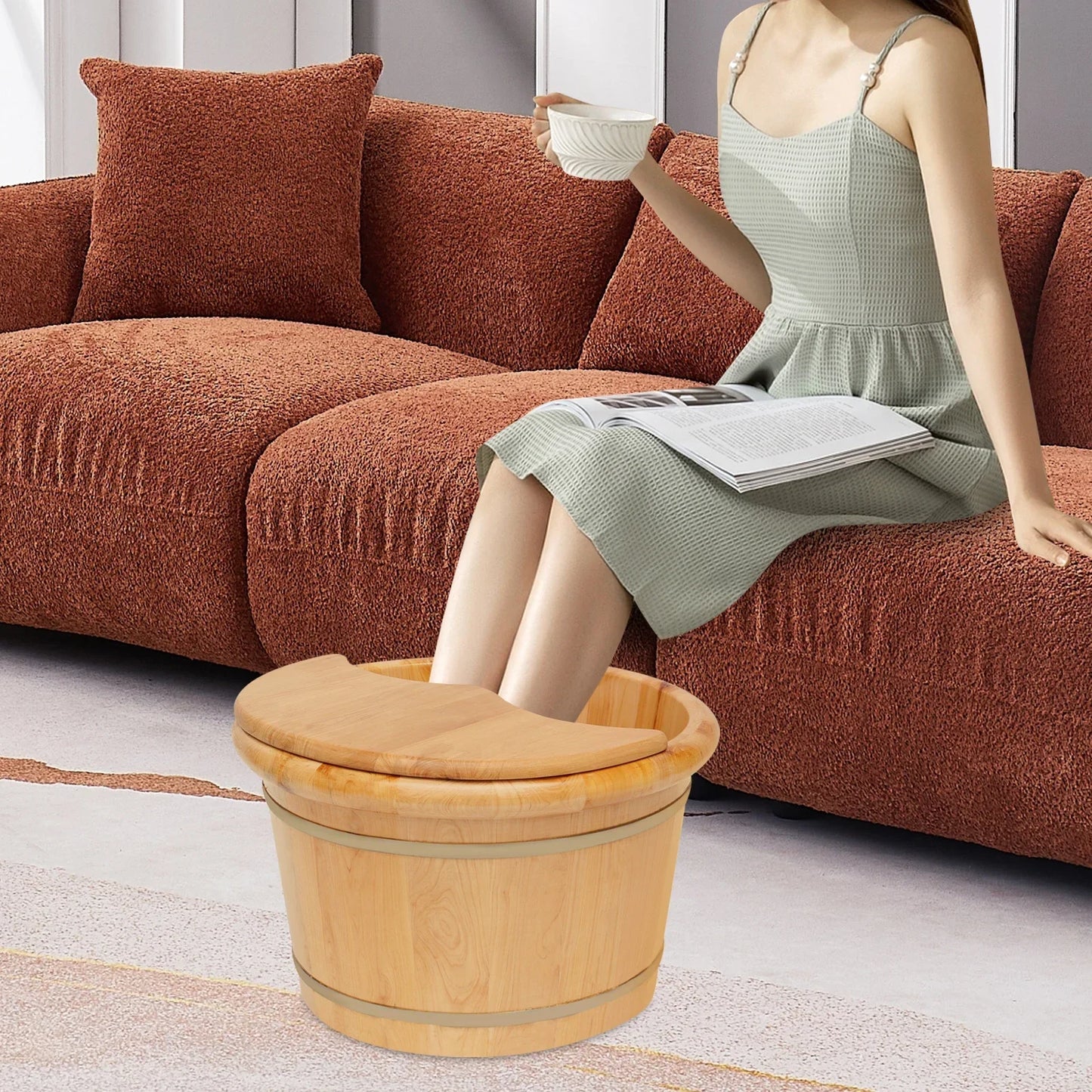 None Cedar Wood Foot Bath Massager Bucket With Lid