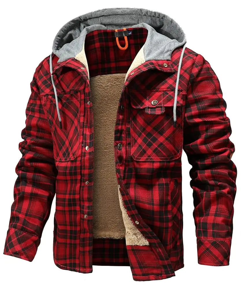 NONECN Winter Hooded Jacket Men Warm Plaid Sherpa Lined Coat