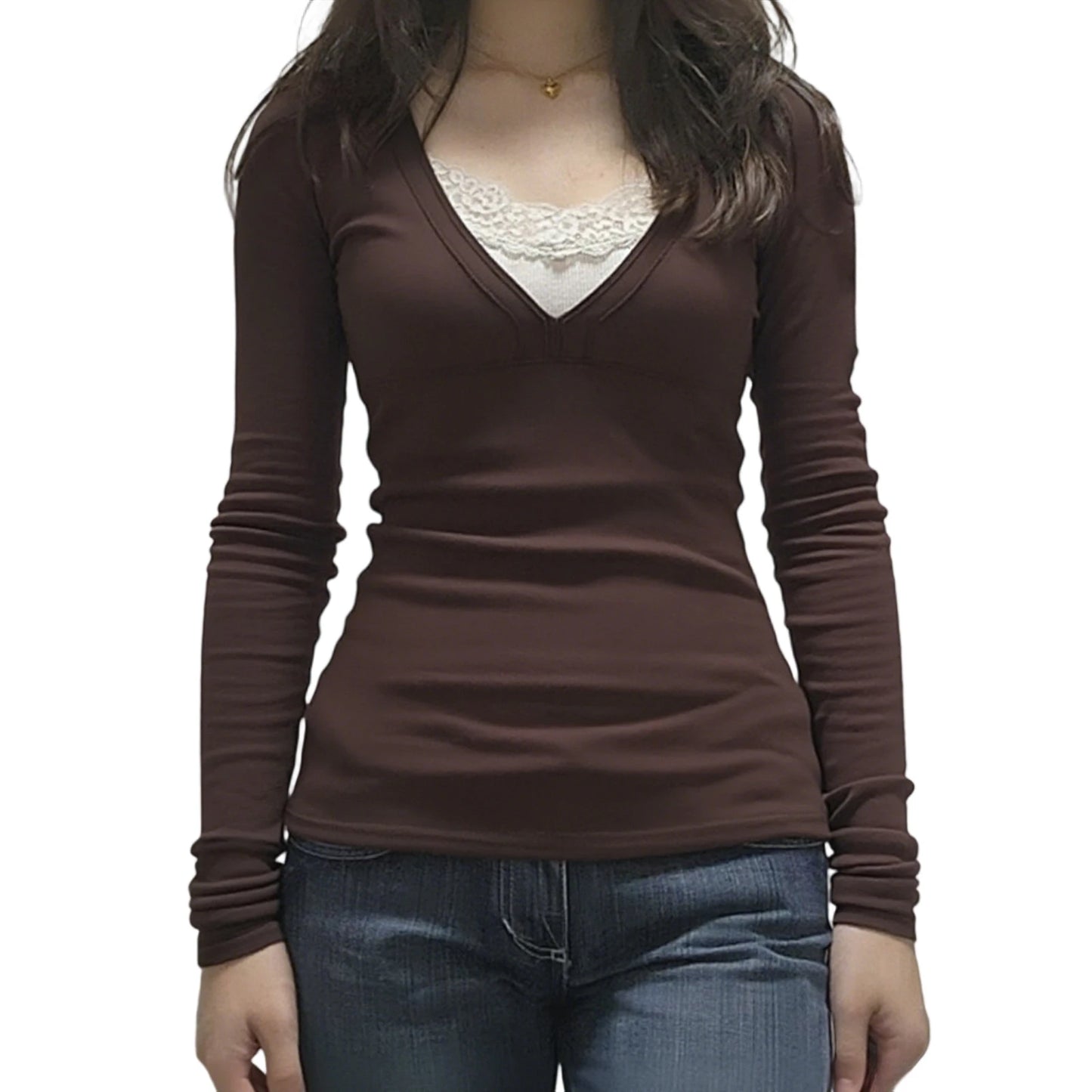 XBTCLXEBCOCN Womens V Neck Lace Patchwork Long Sleeve Pullover Top