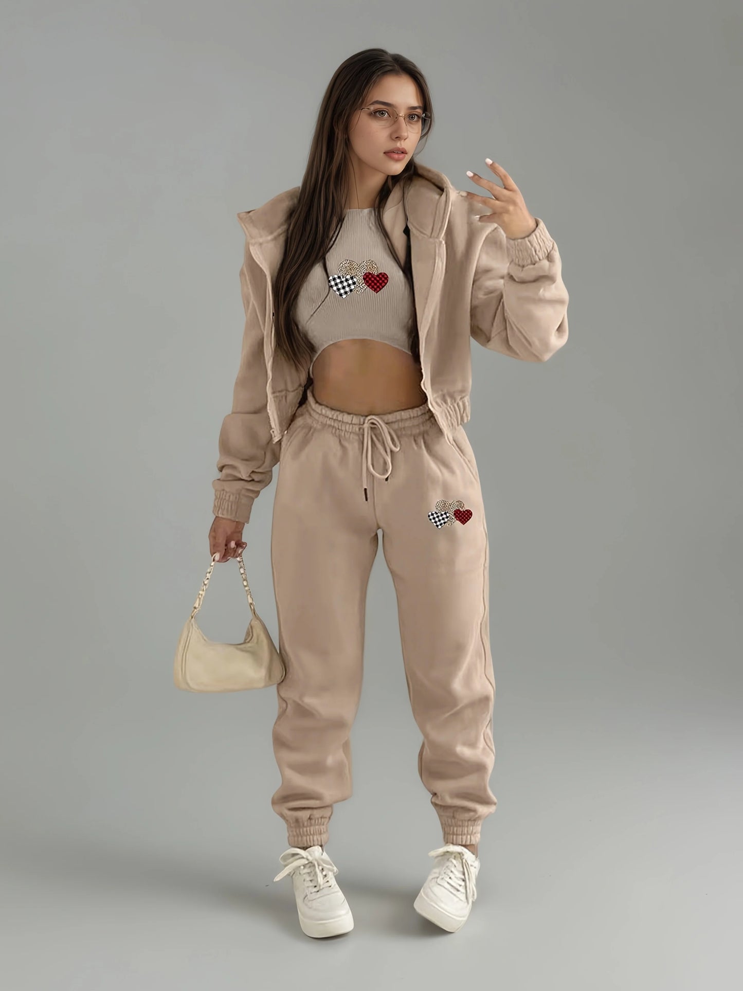 NONECN Cute Heart Pattern Sportswear Set Hoodie And Joggers