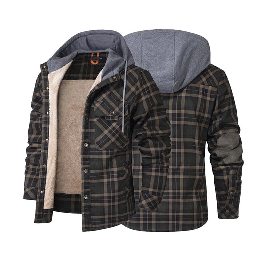 NONECN Winter Hooded Jacket Men Warm Plaid Sherpa Lined Coat
