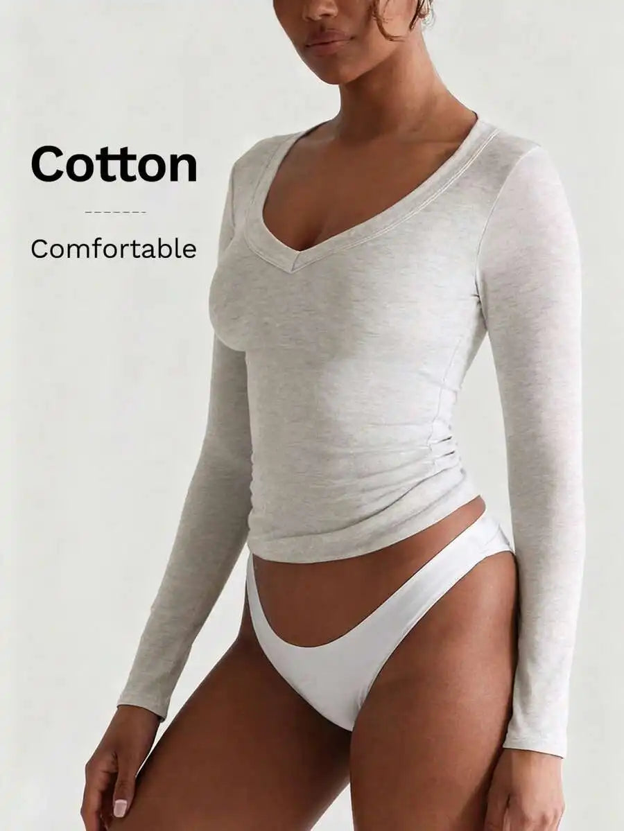 None Womens V-Neck Long Sleeve Cotton Top Soft Stretch Tee