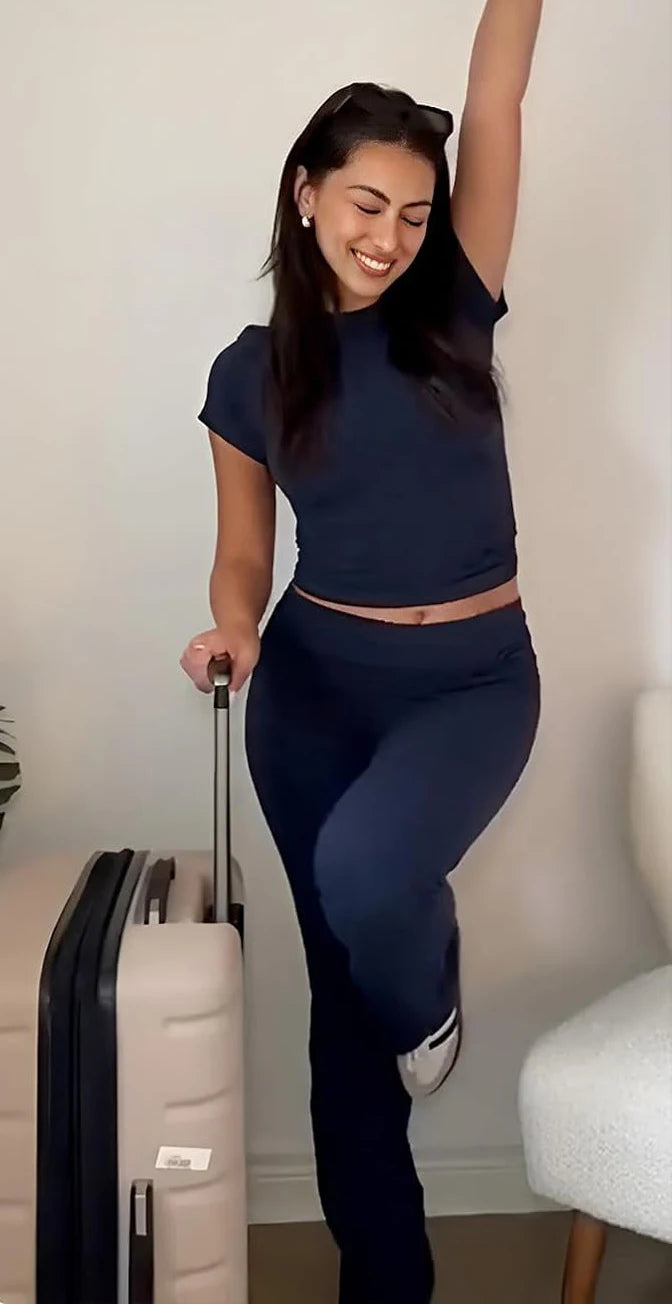 NONE Women Two-Piece Yoga Set Short Sleeve Leisure Wear