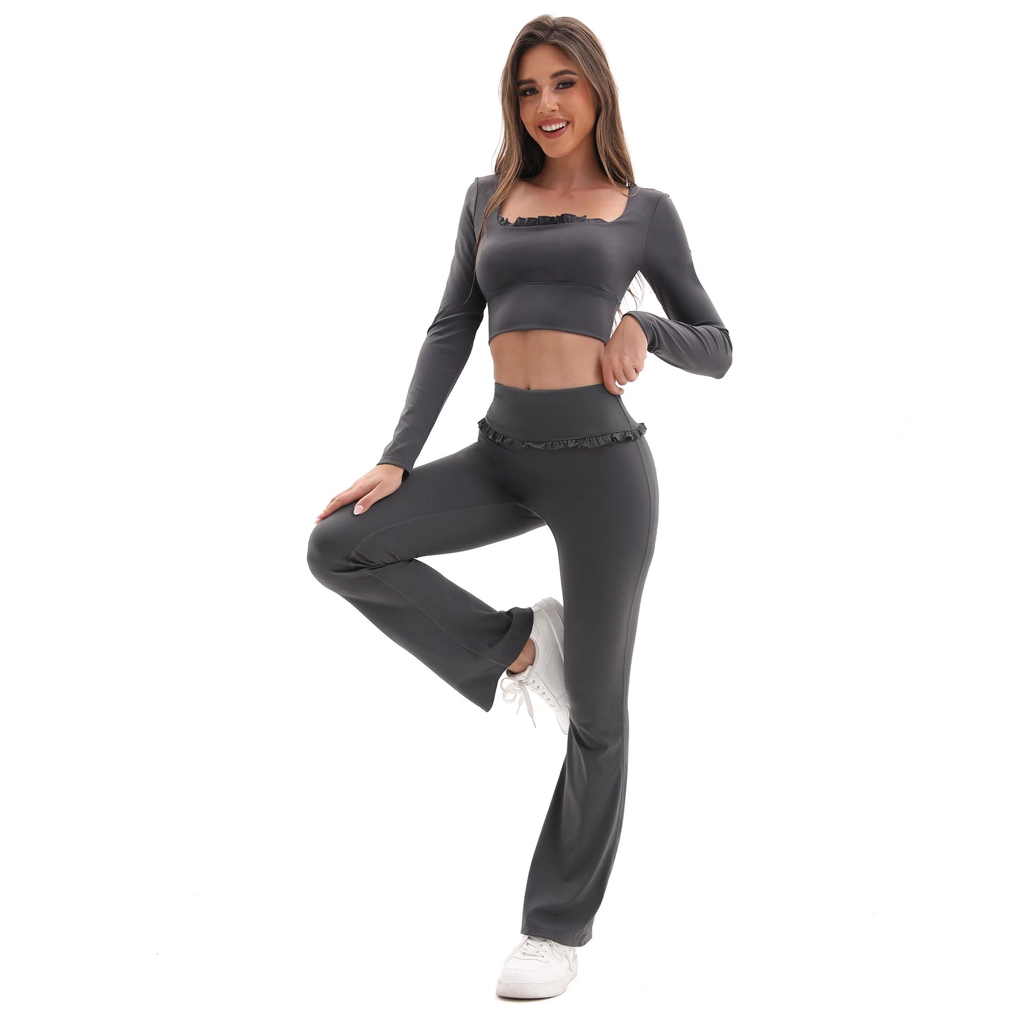 NONECN Womens Floral Lace Yoga Set High Waist Flare Pants