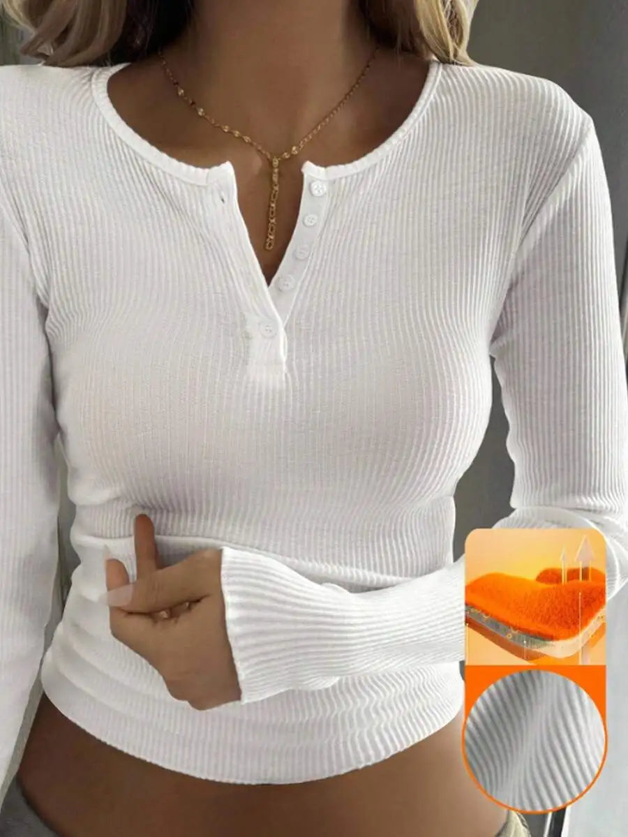 Womens Ribbed Long Sleeve Henley Top With Button Detail Casual