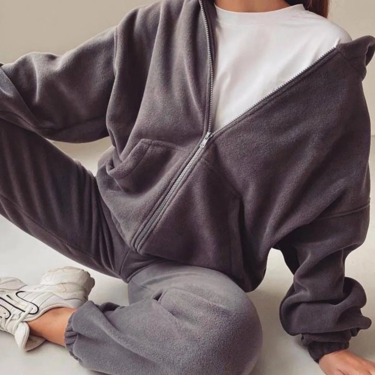 NONECN Two Piece Womens Sporty Casual Sweater Set Hooded Pullover