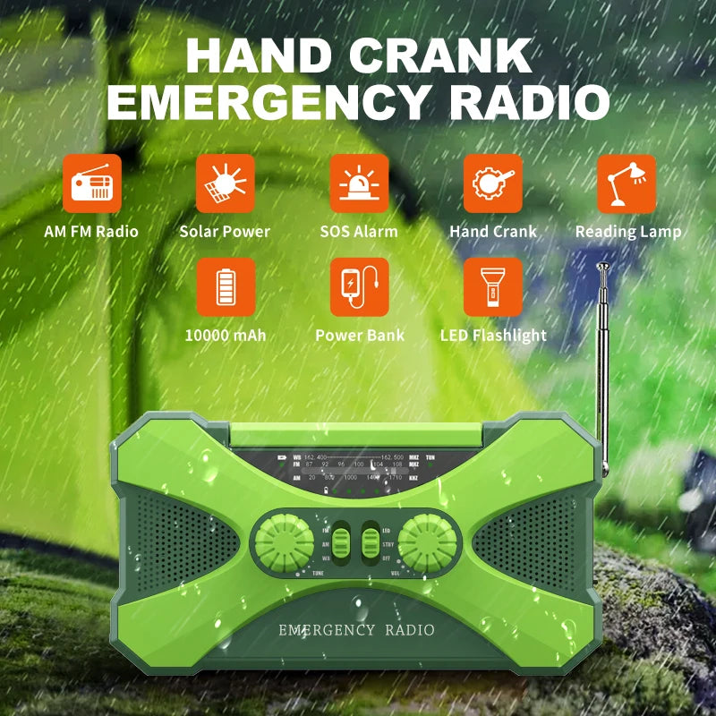 None Portable 10000mAh Charger Emergency Radio Solar Hand Crank