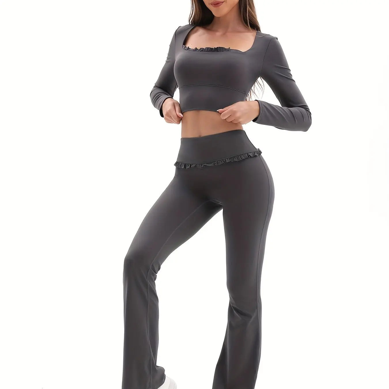 NONECN Womens Floral Lace Yoga Set High Waist Flare Pants