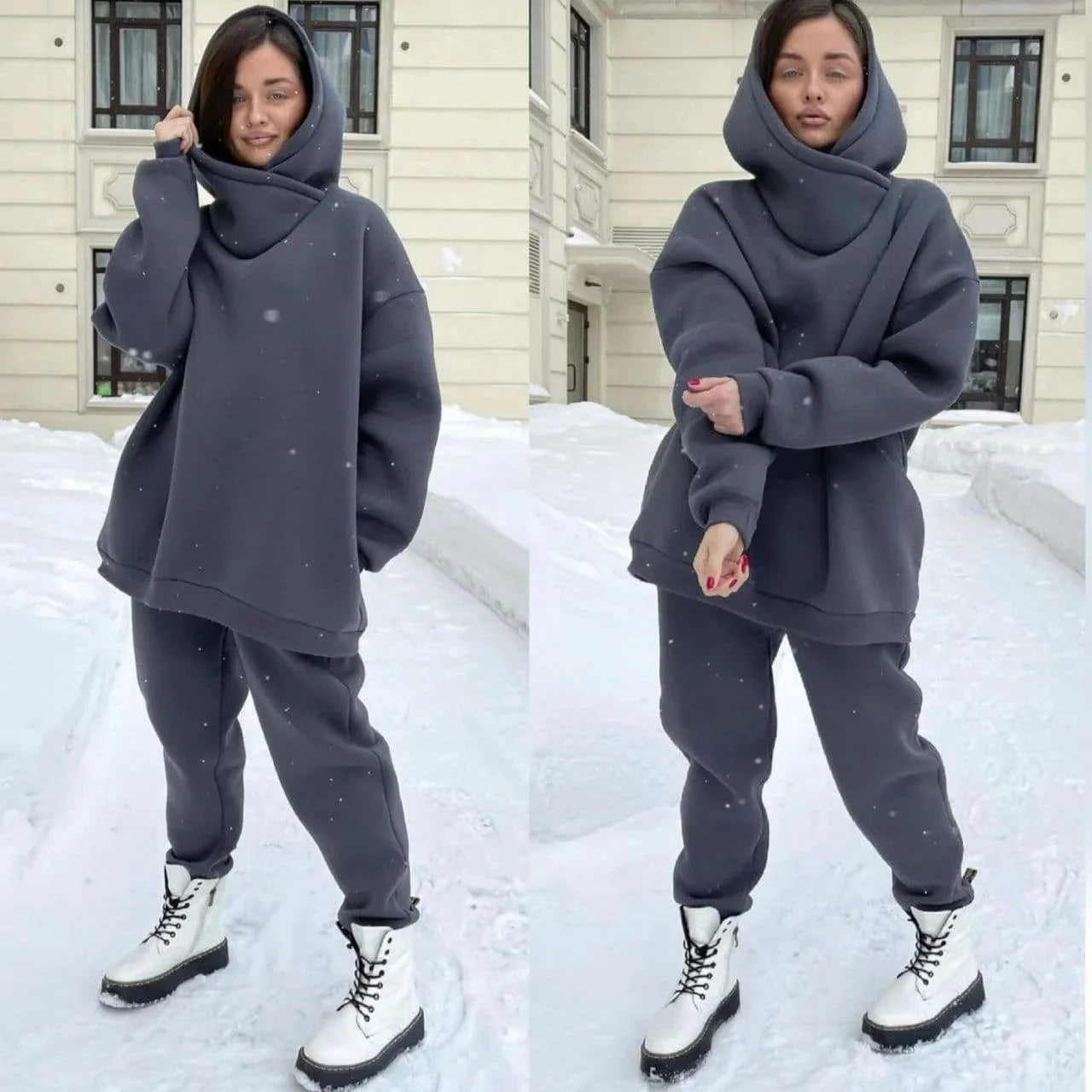 NONECN Winter Tracksuit Two Piece Set Hooded Sweatshirt Pant