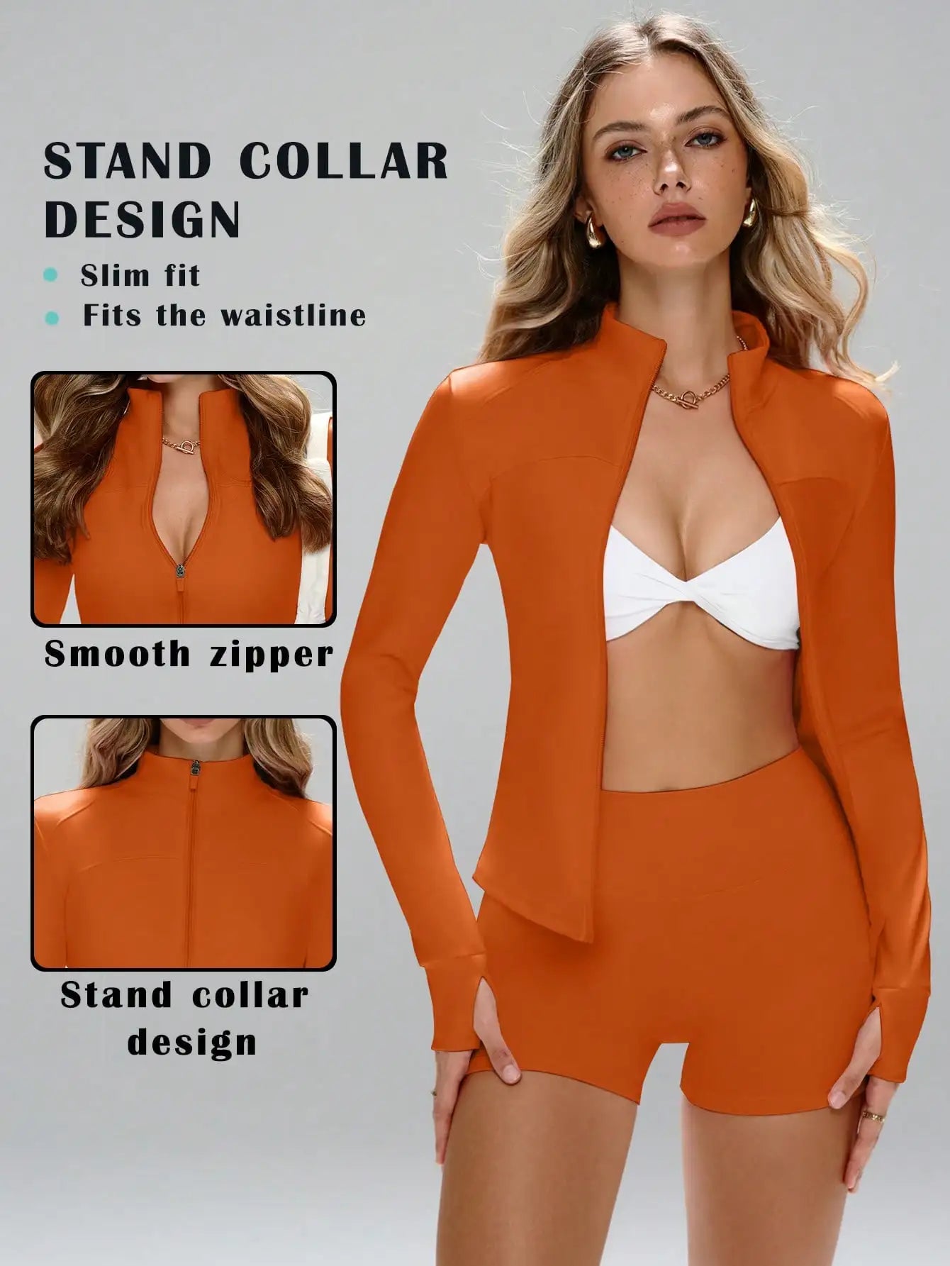 None Women's Slim Fit Sports Set Stand Collar Zipper