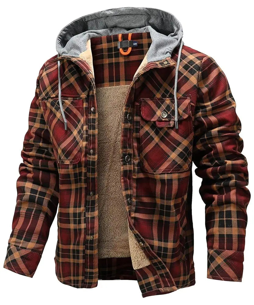 NONECN Winter Hooded Jacket Men Warm Plaid Sherpa Lined Coat