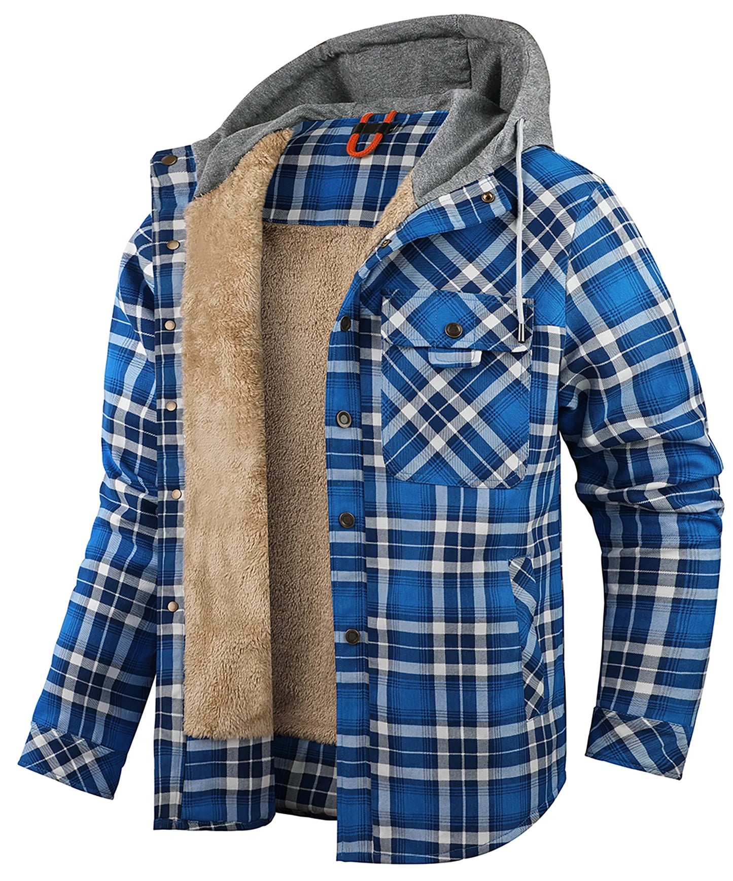 NONECN Winter Hooded Jacket Men Warm Plaid Sherpa Lined Coat
