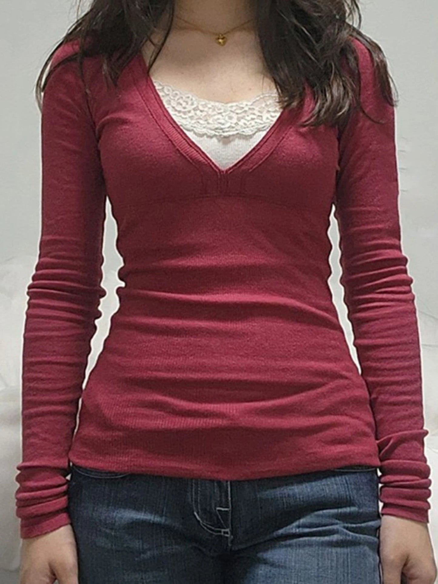 XBTCLXEBCOCN Womens V Neck Lace Patchwork Long Sleeve Pullover Top