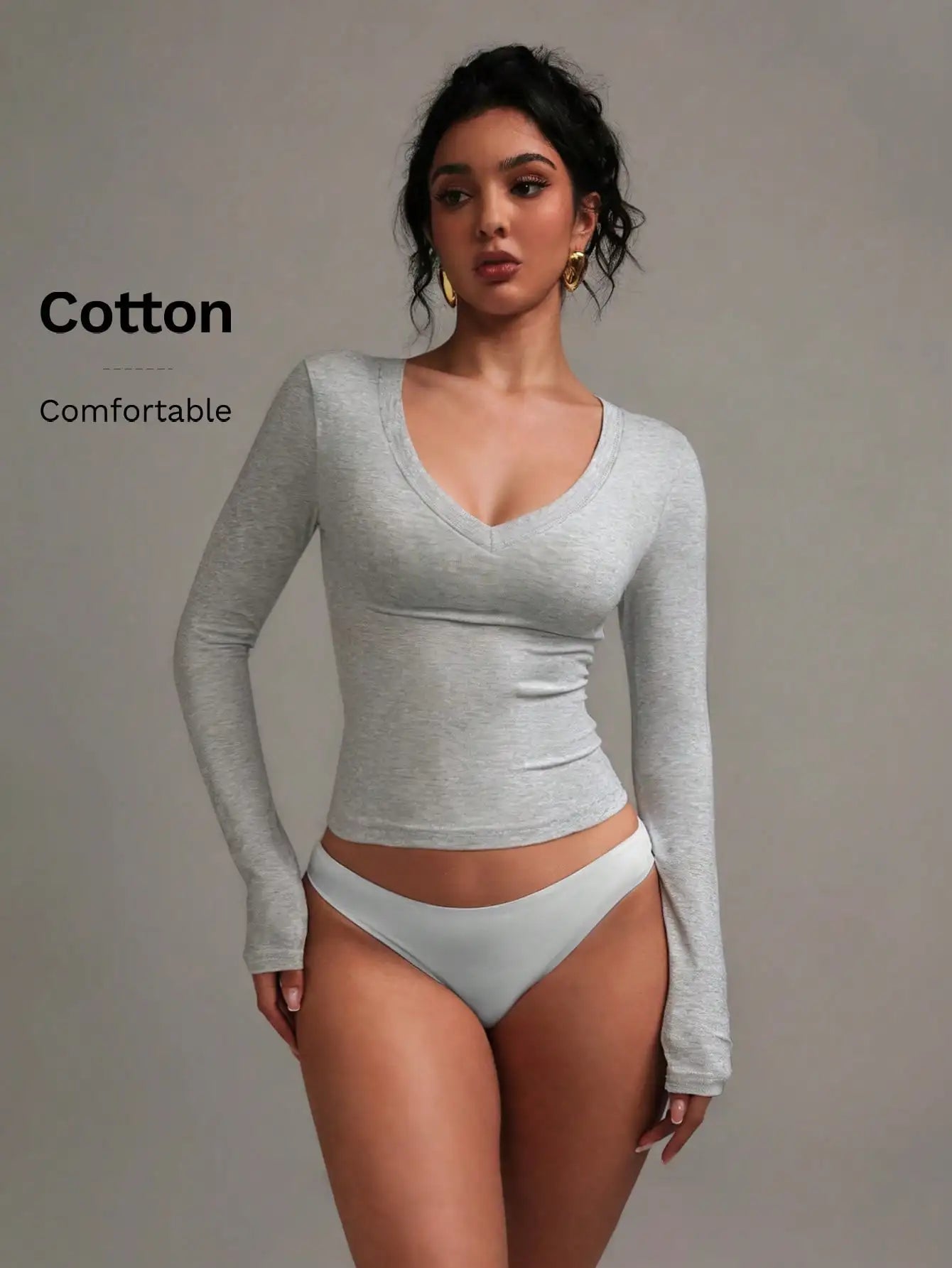 None Womens V-Neck Long Sleeve Cotton Top Soft Stretch Tee