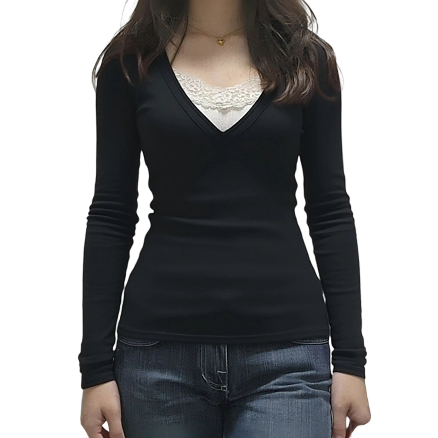 XBTCLXEBCOCN Womens V Neck Lace Patchwork Long Sleeve Pullover Top