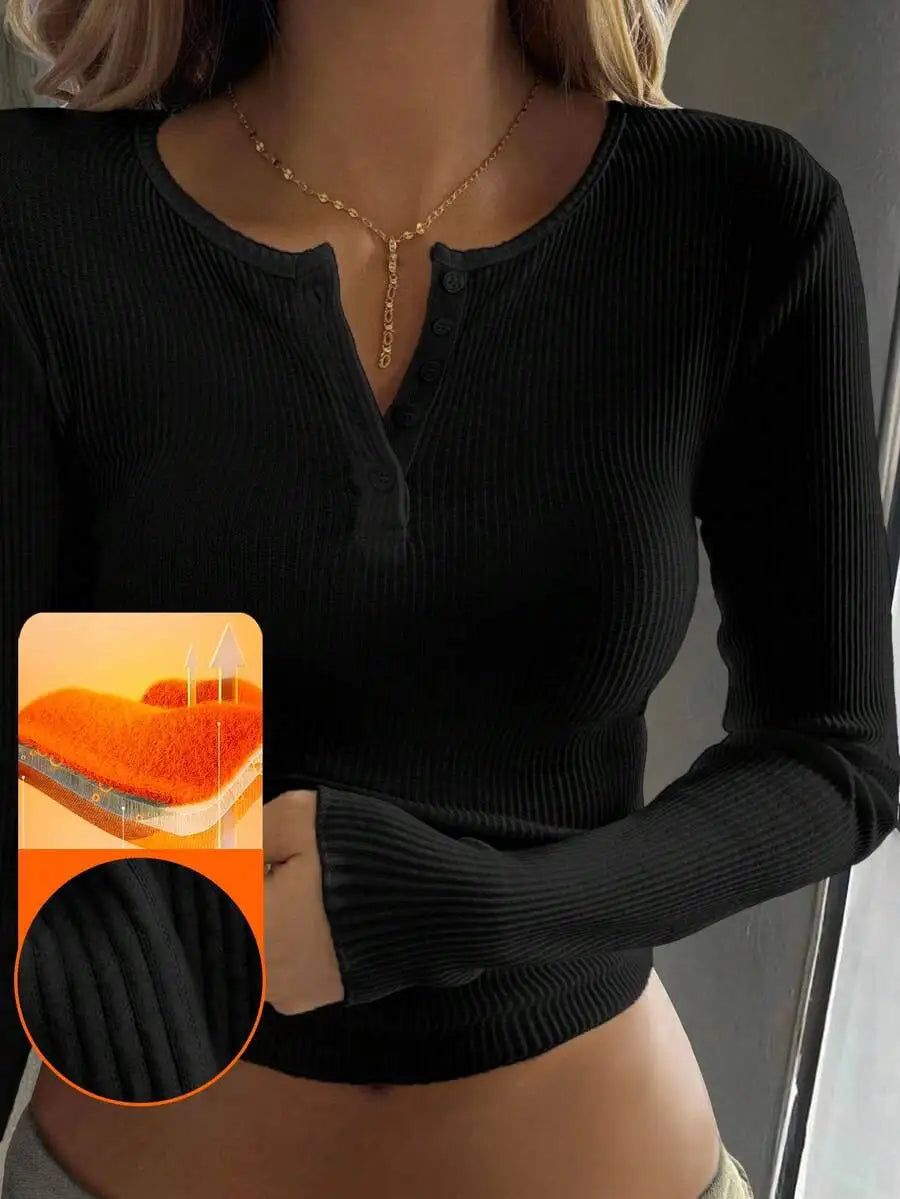 Womens Ribbed Long Sleeve Henley Top With Button Detail Casual