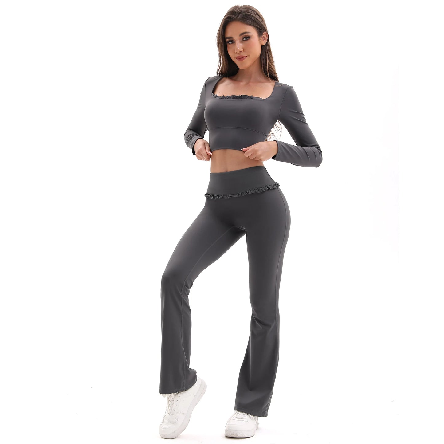 NONECN Womens Floral Lace Yoga Set High Waist Flare Pants