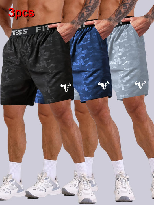 NONECN Men's Bull Print Sports Shorts 3-Piece Set