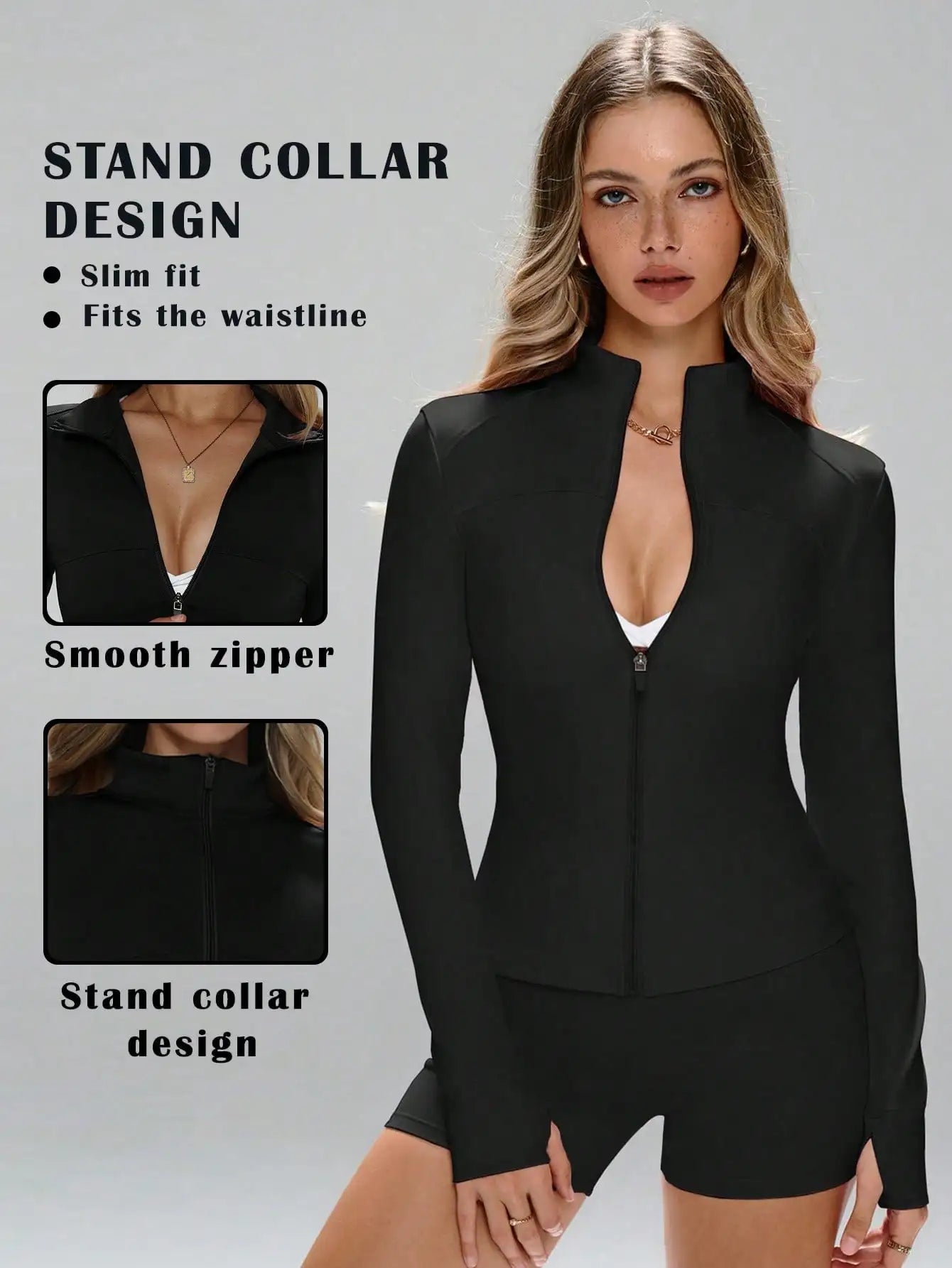 None Women's Slim Fit Sports Set Stand Collar Zipper