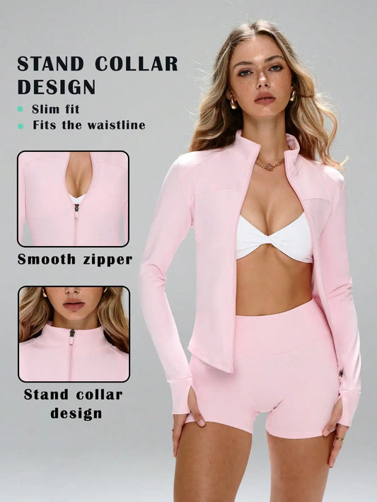None Women's Slim Fit Sports Set Stand Collar Zipper