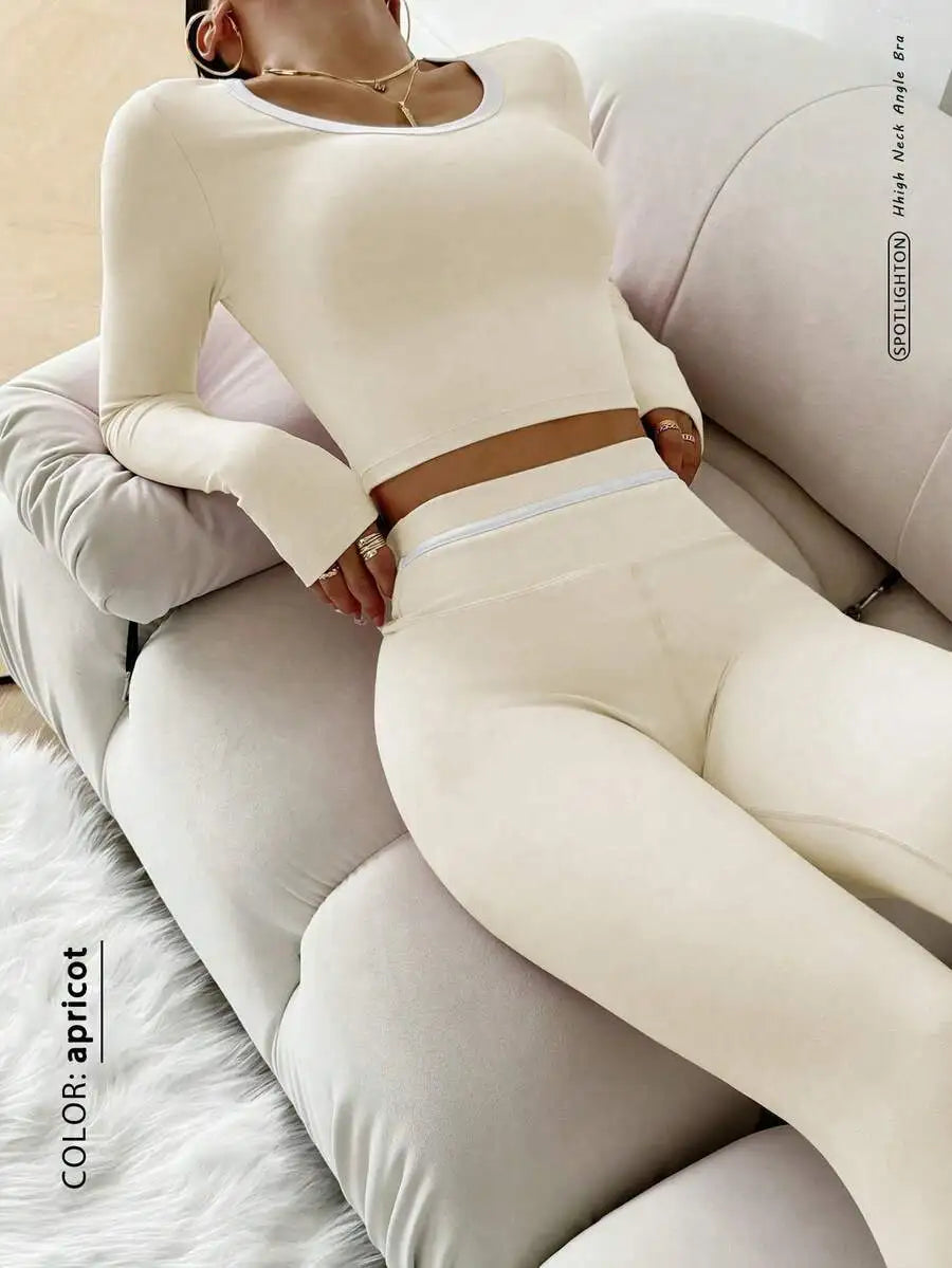 None Yoga Set High Waist Long Sleeve Crop Top Leggings