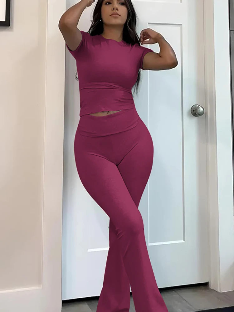 None Women Two Piece Sports Leisure Yoga Set Short Sleeve Top Flared Pants