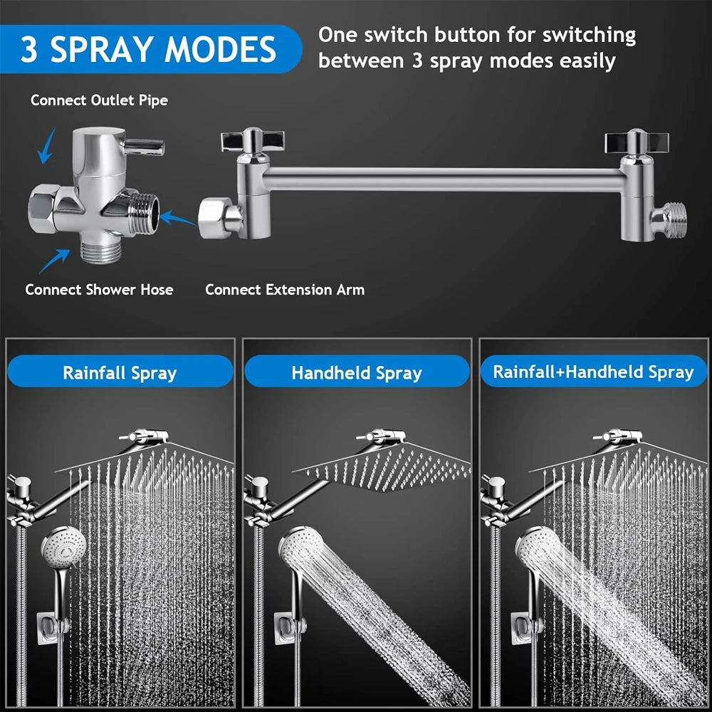 Quyanre High Pressure Rain Shower Head Combo With Adjustable Arm