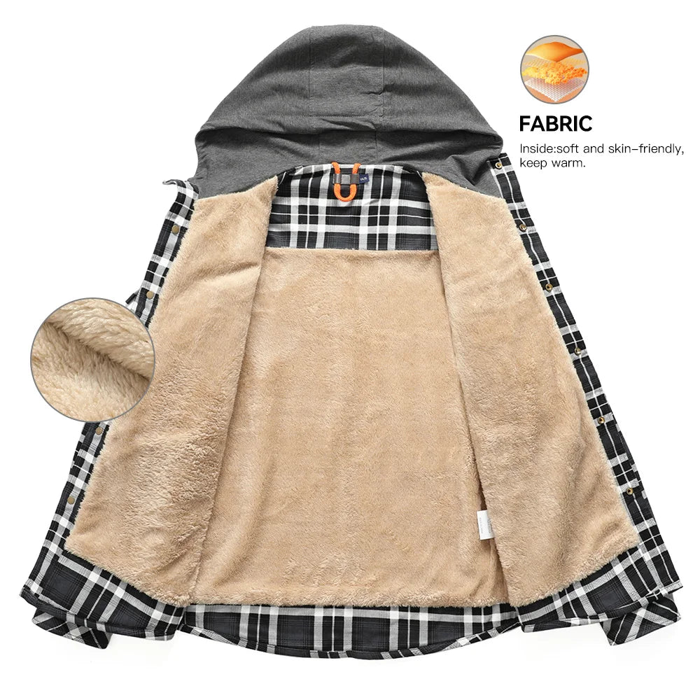 NONECN Winter Hooded Jacket Men Warm Plaid Sherpa Lined Coat