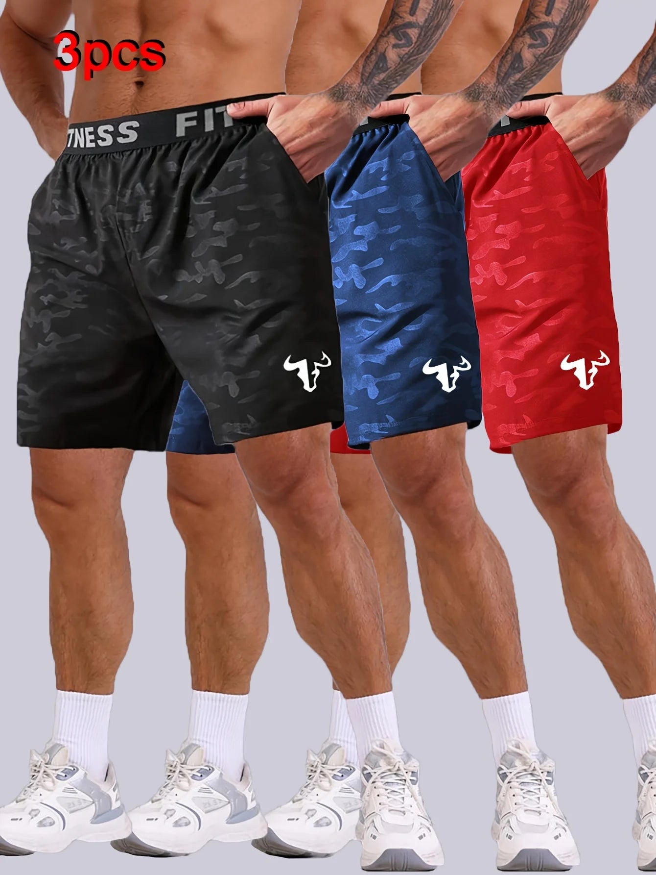 NONECN Men's Bull Print Sports Shorts 3-Piece Set