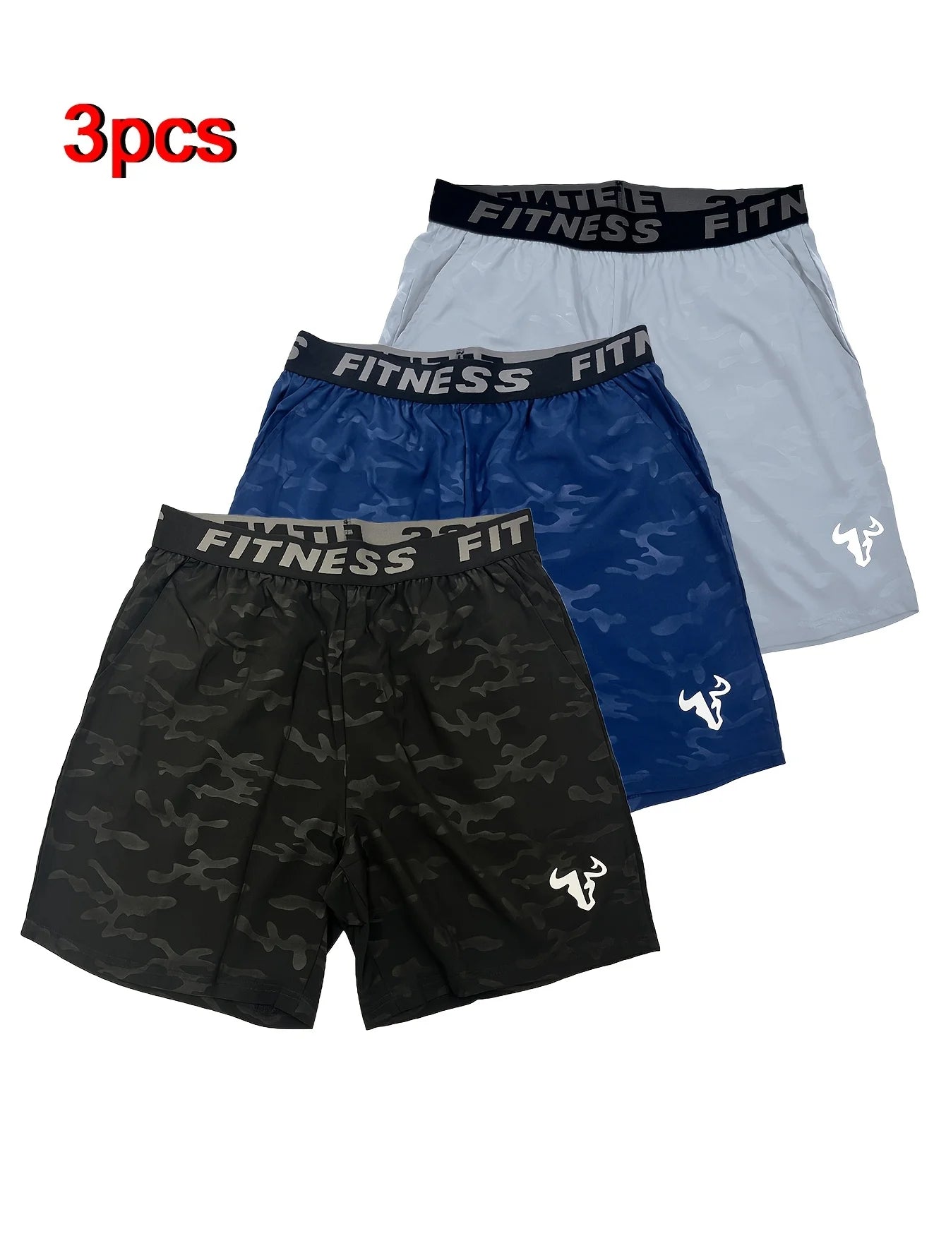 NONECN Men's Bull Print Sports Shorts 3-Piece Set
