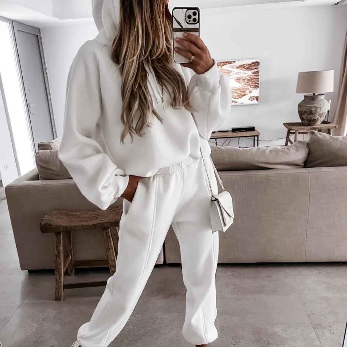 None Womens Knit Thermal Hoodies Tracksuit Set for Sport