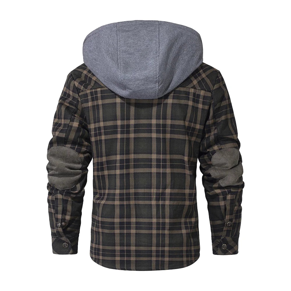 NONECN Winter Hooded Jacket Men Warm Plaid Sherpa Lined Coat