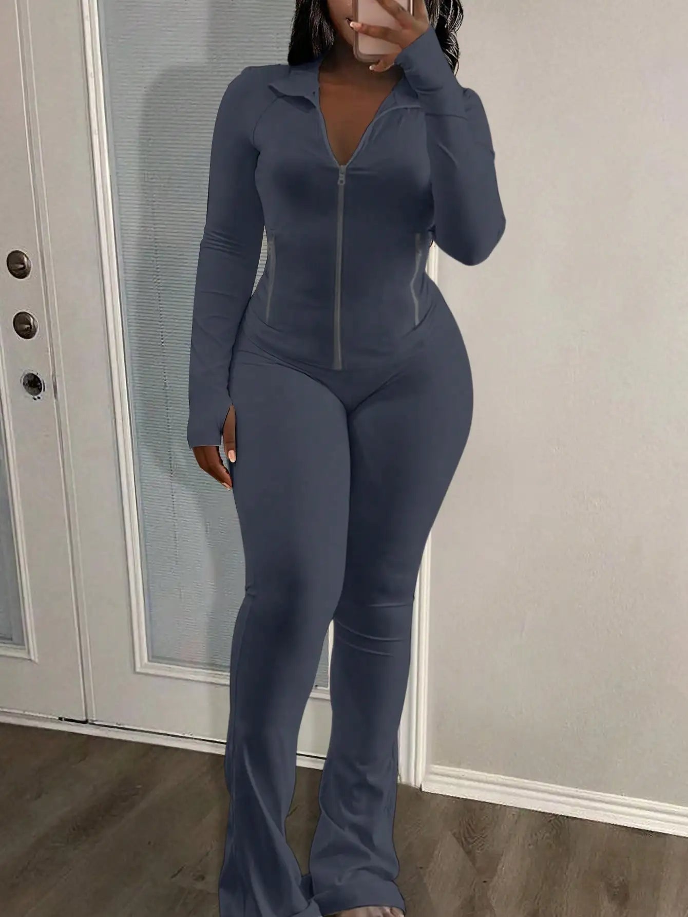 NONE ZipUp Fitted Yoga Top And Flared Leg Pants Set