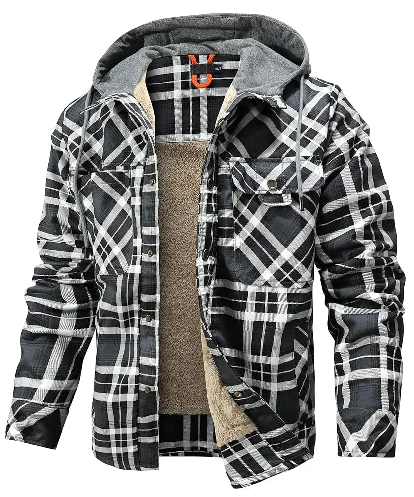 NONECN Winter Hooded Jacket Men Warm Plaid Sherpa Lined Coat