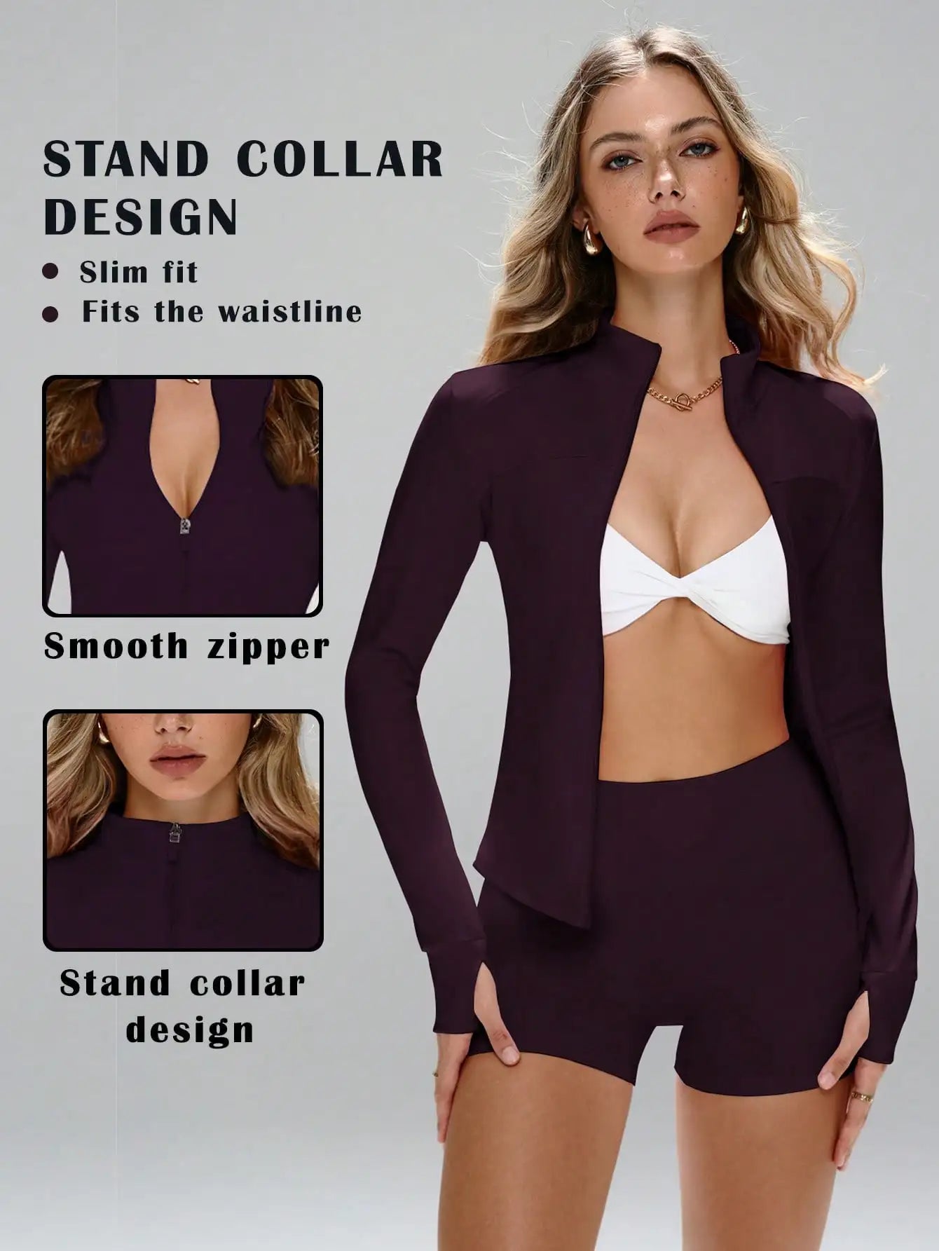 None Womens Slim Fit Yoga Jacket And Shorts Zipper